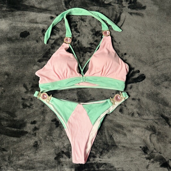 LIGHT PINK MINT RHINESTONE GEM STRAPPY CHEEKY 2PC SWIMSUIT BIKIN - Picture 6 of 9